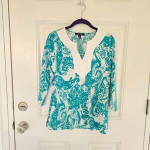 Women's Lauren Ralph Lauren Shirt Turquoise White V-neck  3/4 Sleeve Size M